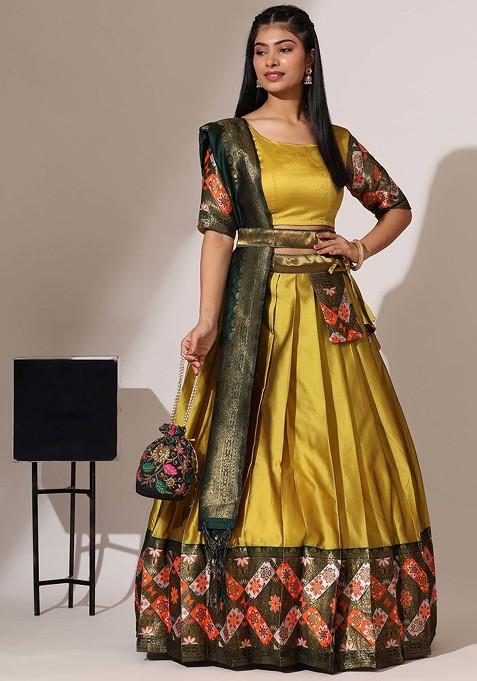 Yellow Woven Zari Embroidered Lehenga Set