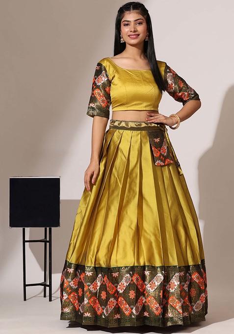 Yellow Weaving Zari Buttie Silk Lehenga With Dual