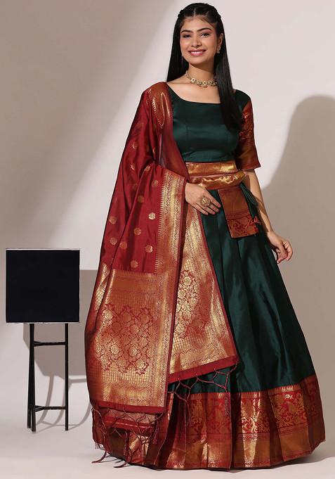 Bottle Green Woven Design Zari Embroidered Litchi Silk Lehenga Set