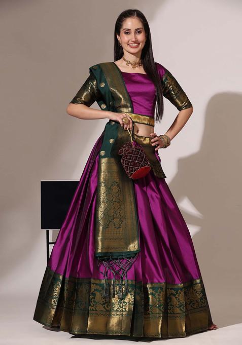 Purple Woven Design Zari Embroidered Silk Lehenga Set