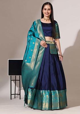 Navy Blue Woven Design Zari Embroidered Silk Lehenga Set