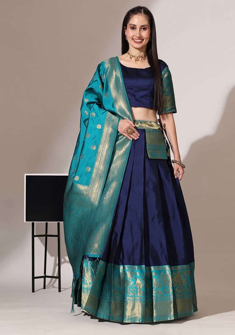 Navy Blue Woven Design Zari Embroidered Silk Blend Chaniya Choli Set For Navratri And Garba for Diwali and Festive Wear - Indya