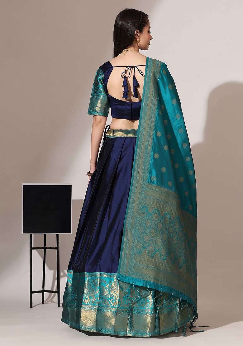Navy Blue Woven Design Zari Embroidered Silk Blend Chaniya Choli Set For Navratri And Garba for Diwali and Festive Wear - Indya