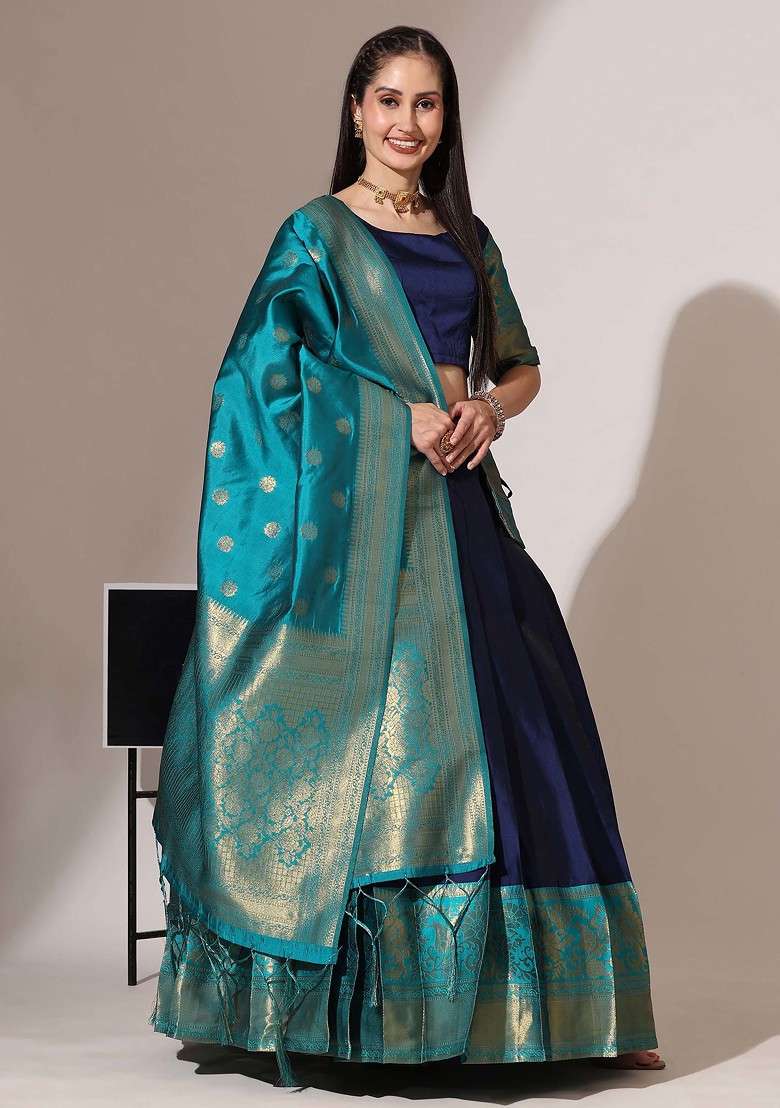 Navy Blue Woven Design Zari Embroidered Silk Blend Chaniya Choli Set For Navratri And Garba for Diwali and Festive Wear - Indya