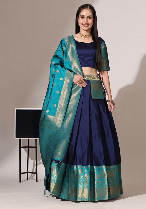 Navy Blue Woven Design Zari Embroidered Silk Lehenga Set