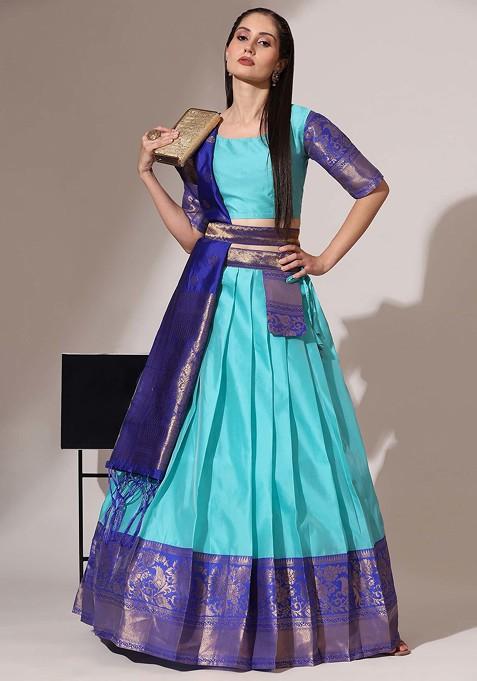 Sea Green Woven Design Zari Embroidered Silk Lehenga Set