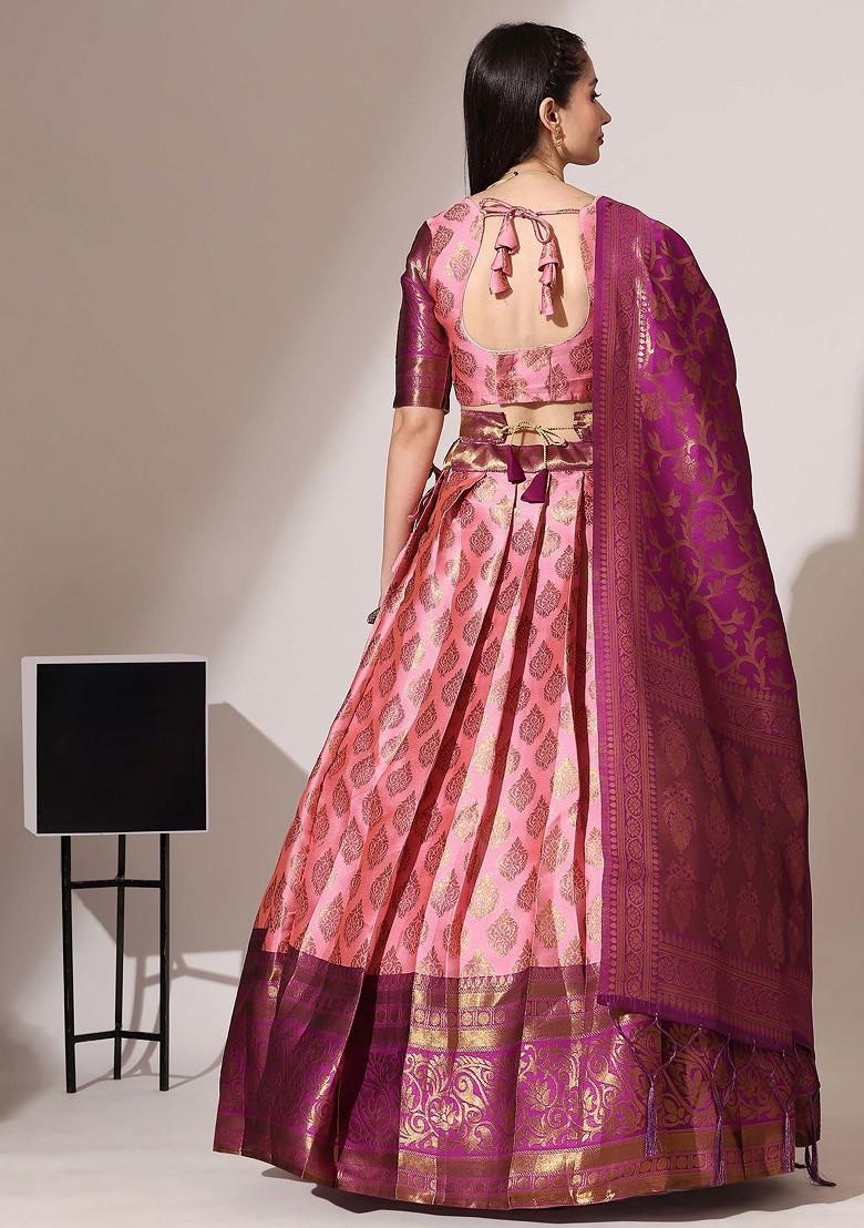 Baby Pink Zari Embroidered Woven Design Litchi Silk Lehenga Set - Indya