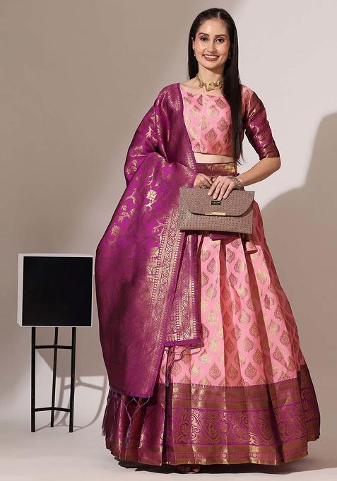 Baby Pink Zari Embroidered Woven Design Litchi Silk Lehenga Set