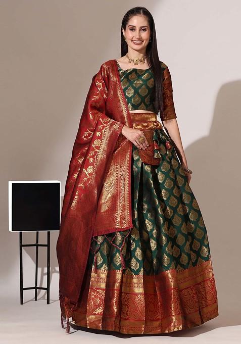 Bottle Green Woven Design Zari Embroidered Silk Lehenga Set