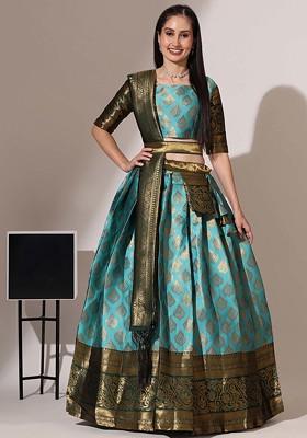Sea Green Woven Design Zari Embroidered Lehenga Set
