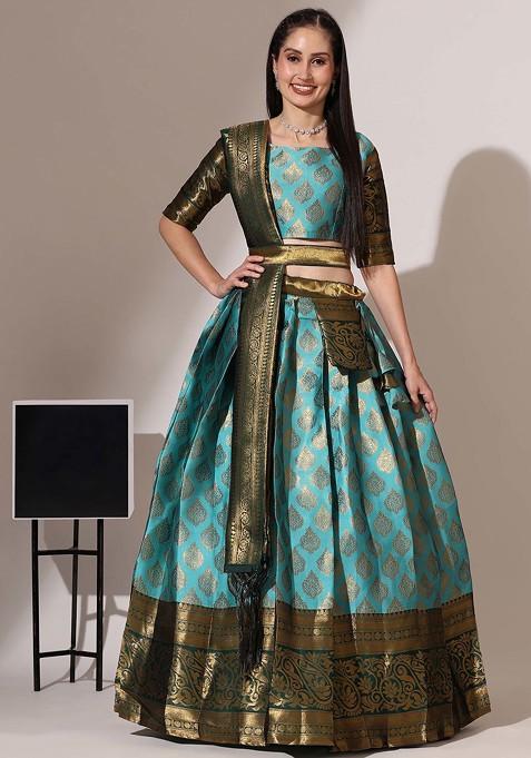 Sea Green Woven Design Zari Embroidered Lehenga Set