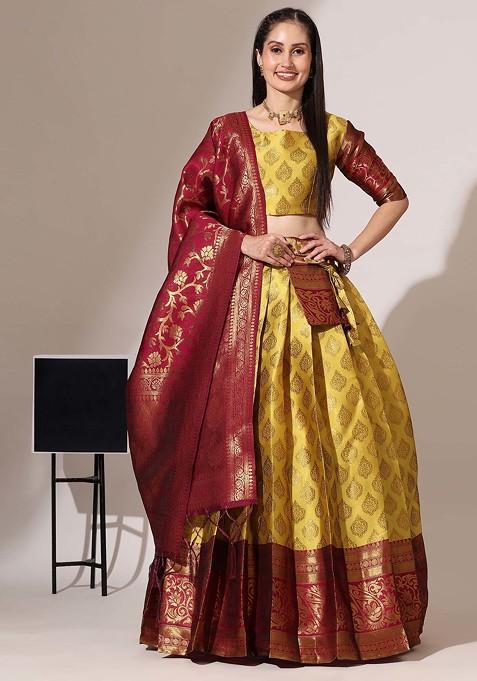 Yellow Zari Embroidered Woven Design Litchi Silk Lehenga Set