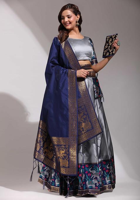 Grey Zari Embroidered Silk Lehenga Set