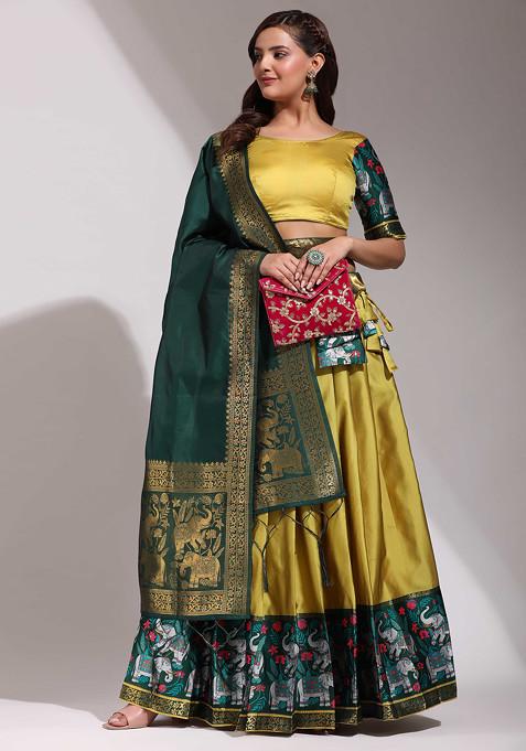 Yellow Zari Embroidered Woven Design Silk Lehenga Set