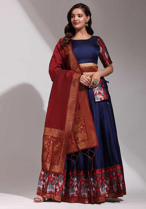 Navy Blue Zari Woven Embroidered Litchi Silk Lehenga Set