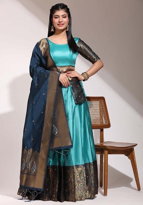 Sea Green Zari Embroidered Woven Design Litchi Silk Lehenga Set