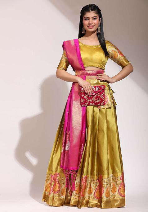 Yellow Woven Design Zari Embroidered Litchi Silk Lehenga Set