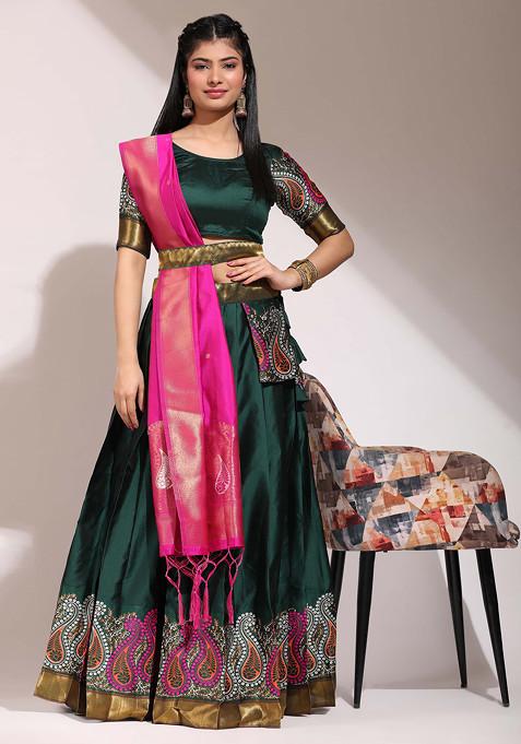 Bottle Green Zari Embroidered Silk Lehenga Set