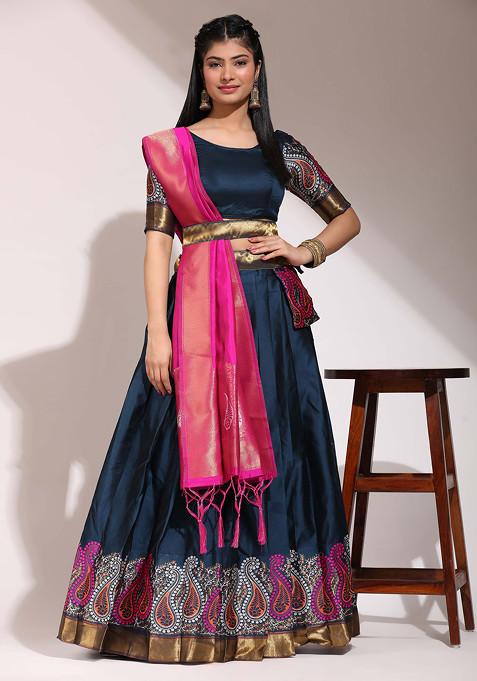 Morpich Blue Woven Design Zari Embroidered Litchi Silk Lehenga Set