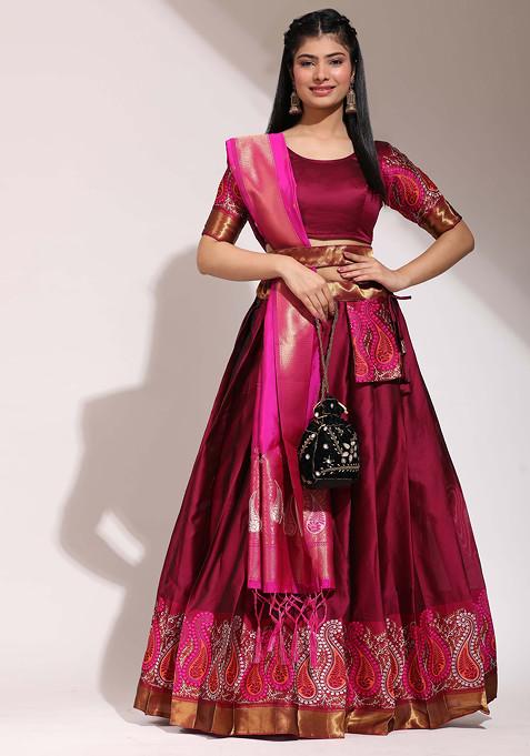 Maroon Zari Embroidered Woven Design Litchi Silk Lehenga Set