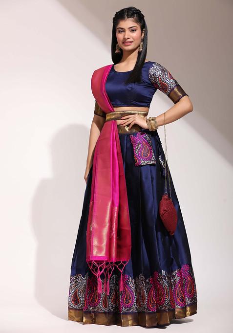 Navy Blue Zari Woven Embroidered Lehenga Set