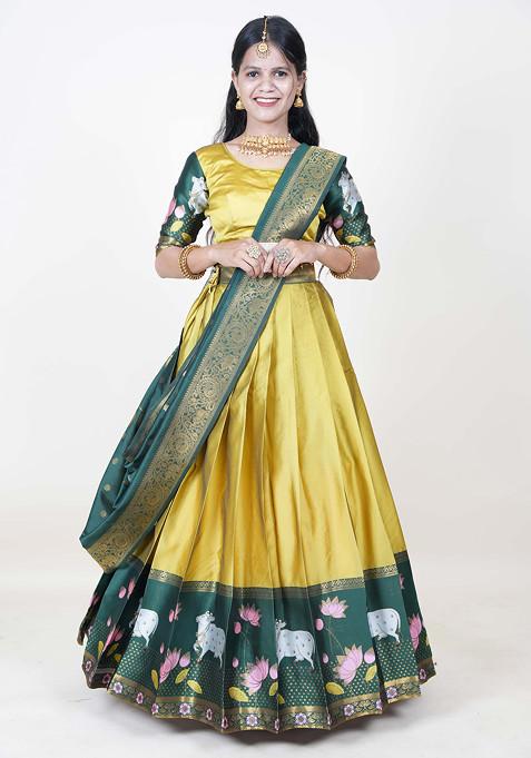 Yellow Woven Design Zari Embroidered Lehenga Set