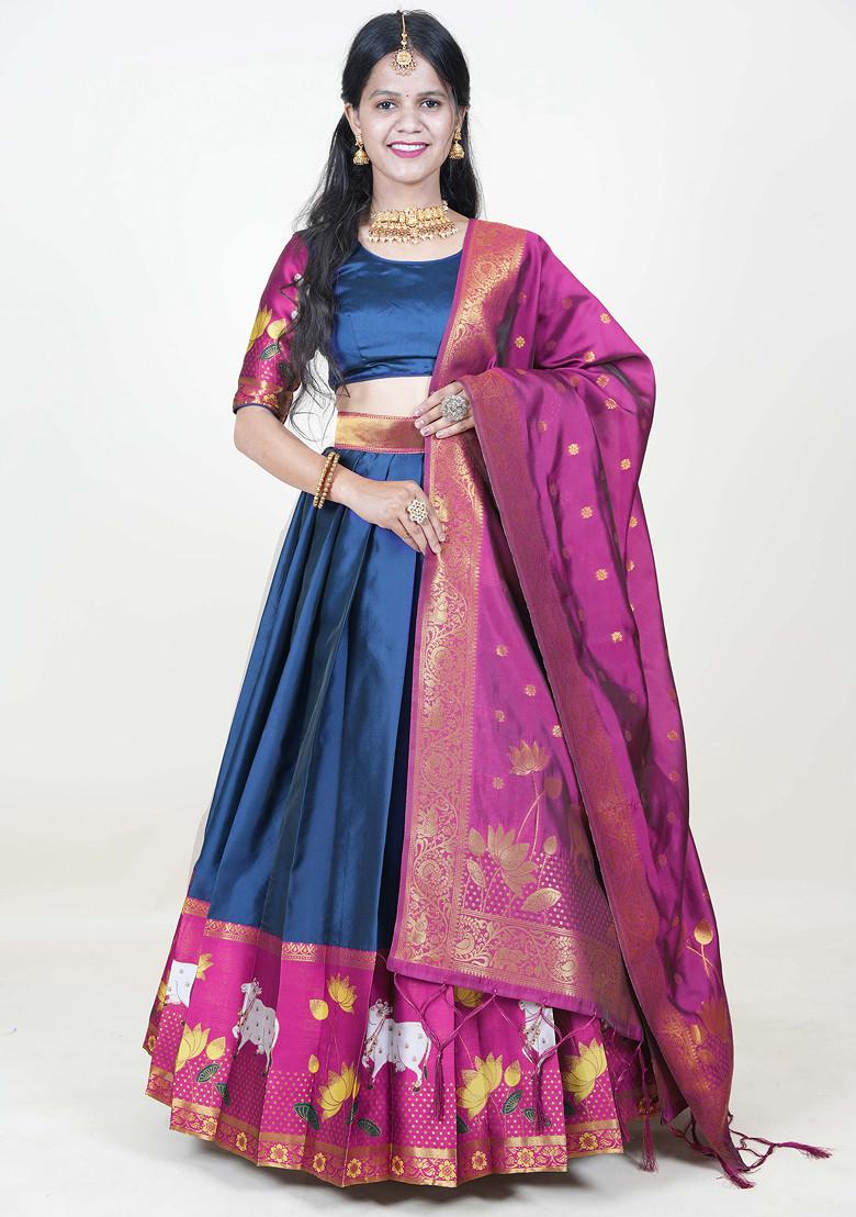 Morpich Blue Woven Design Zari Embroidered Silk Lehenga Set