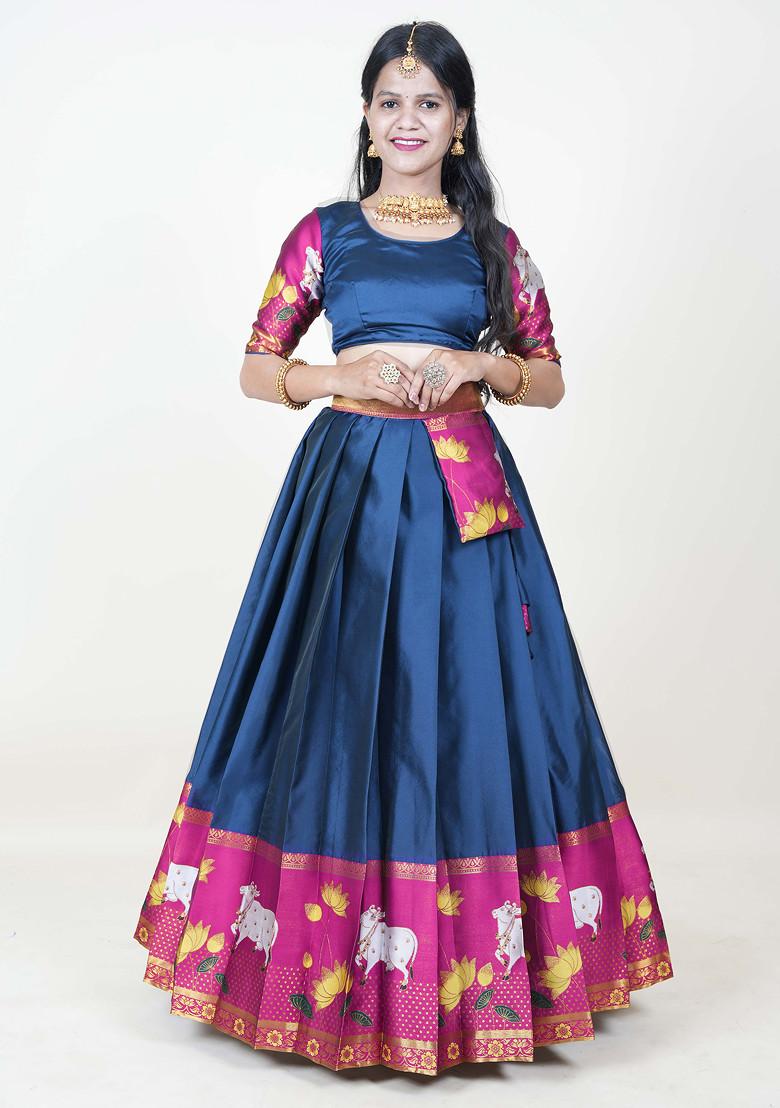 Morpich Blue Woven Design Zari Embroidered Silk Lehenga Set