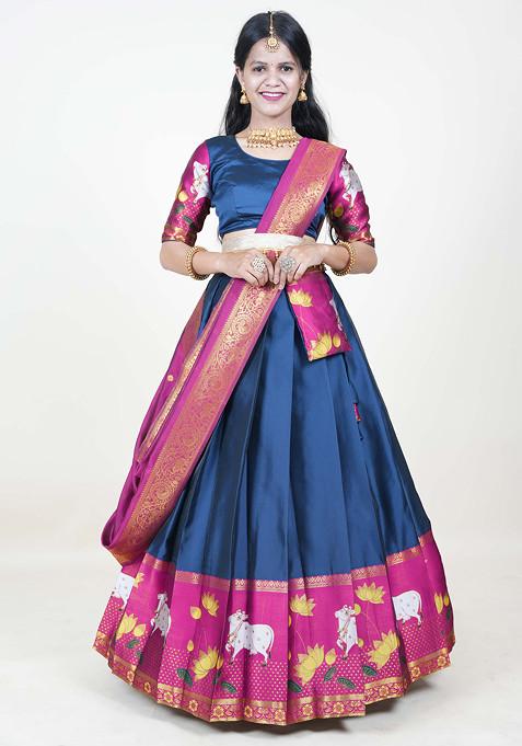 Morpich Blue Woven Design Zari Embroidered Silk Lehenga Set