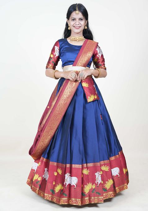 Navy Blue Zari Woven Embroidered Silk Lehenga Set