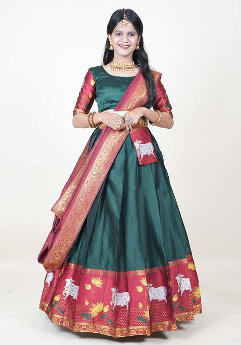 Bottle Green Woven Design Embroidered Lehenga Set