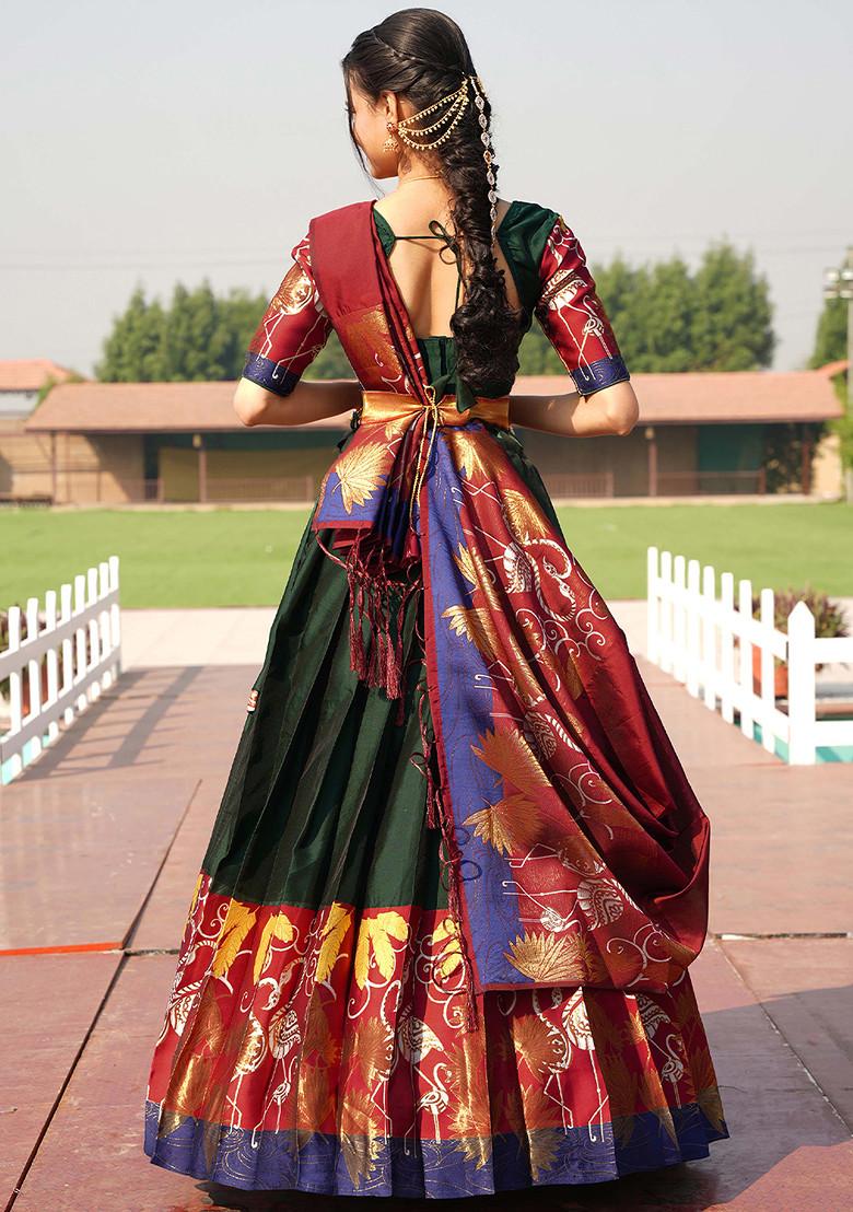 Bottle Green Woven Design Embroidered Litchi Silk Lehenga Set