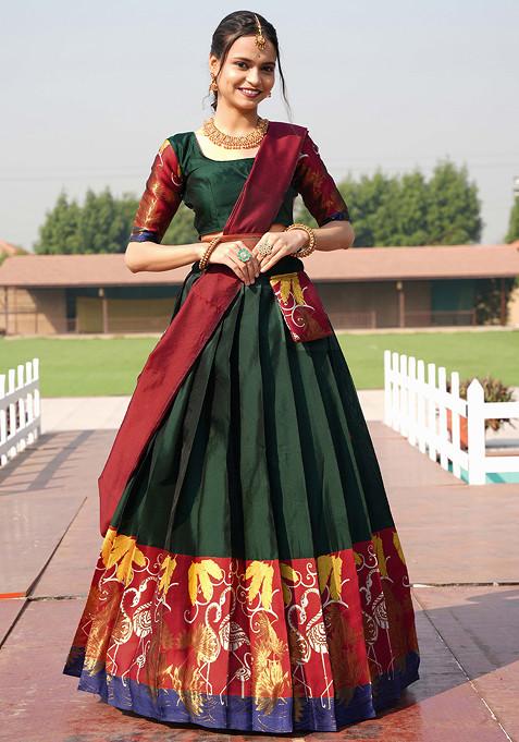 Bottle Green Woven Design Embroidered Litchi Silk Lehenga Set