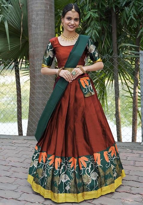 Maroon Zari Embroidered Woven Design Silk Lehenga Set