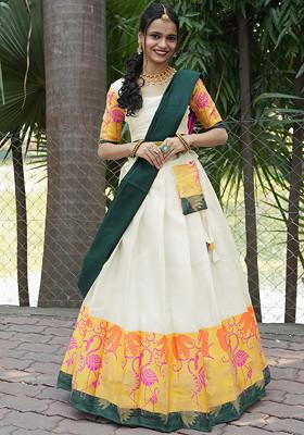 Cream Zari Embroidered Woven Design Litchi Silk Lehenga Set