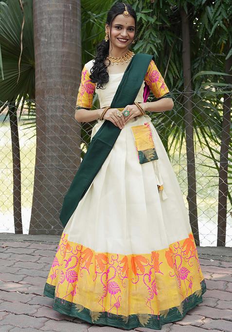 Cream Zari Embroidered Woven Design Litchi Silk Lehenga Set