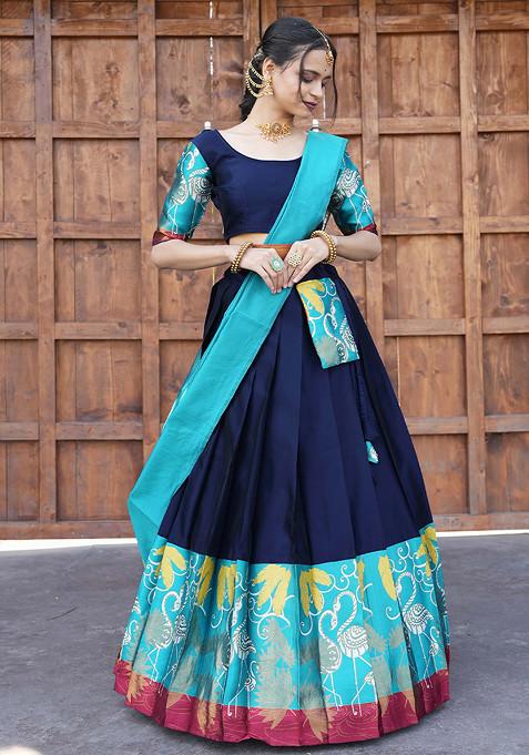 Navy Blue Zari Embroidered Woven Design Litchi Silk Lehenga Set