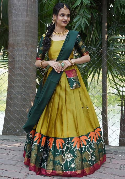 Yellow Woven Design Zari Embroidered Silk Lehenga Set