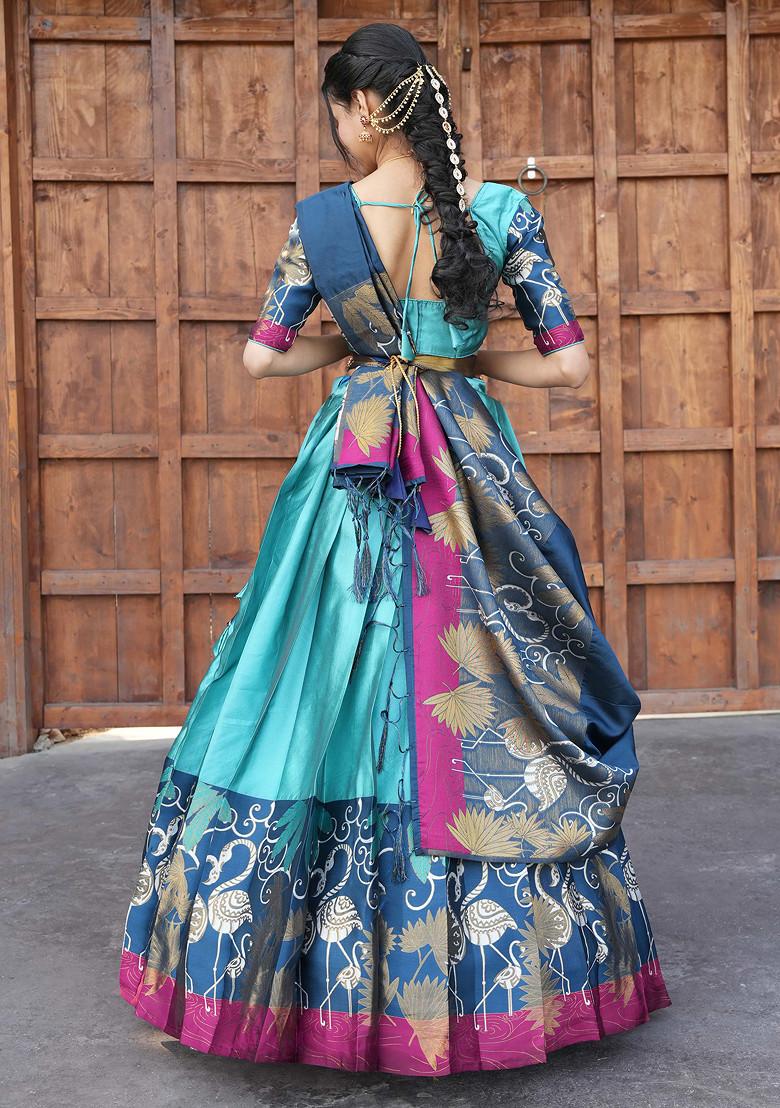 Sea Green Zari Embroidered Woven Design Silk Lehenga Set