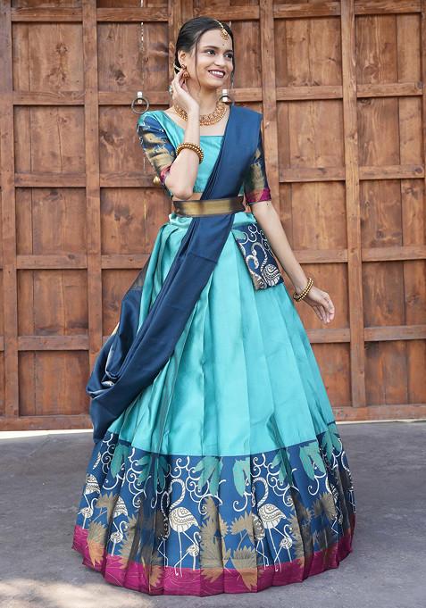 Sea Green Zari Embroidered Woven Design Silk Lehenga Set