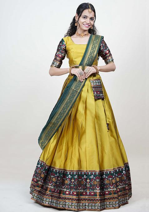 Yellow Woven Design Litchi Silk Lehenga Set