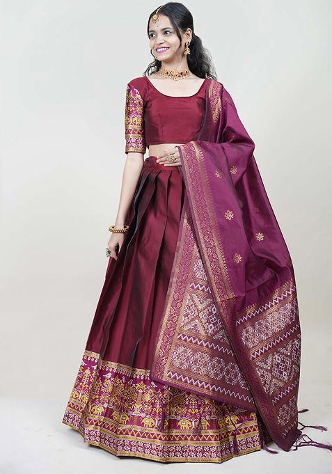 Maroon Zari Embroidered Woven Design Lehenga Set