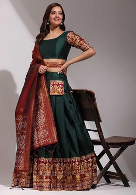 Bottle Green Woven Design Embroidered Silk Lehenga Set