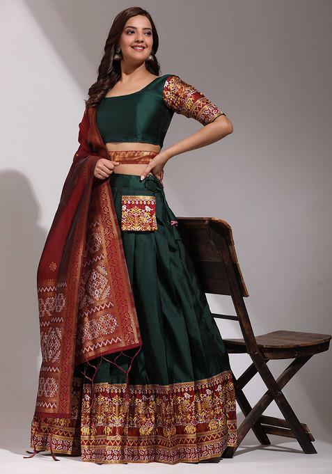 Bottle Green Woven Design Embroidered Silk Lehenga Set