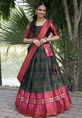Green Woven Design Embroidered Silk Lehenga Set