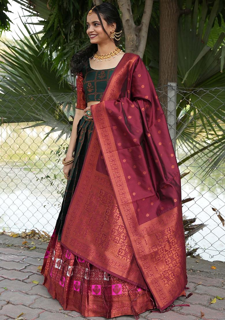 Green Woven Design Embroidered Silk Lehenga Set