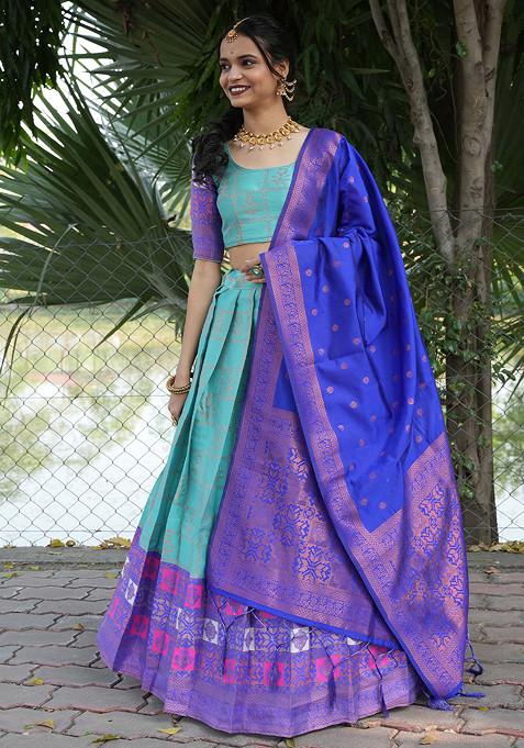 Sea Green Woven Design Embroidered Litchi Silk Lehenga Set