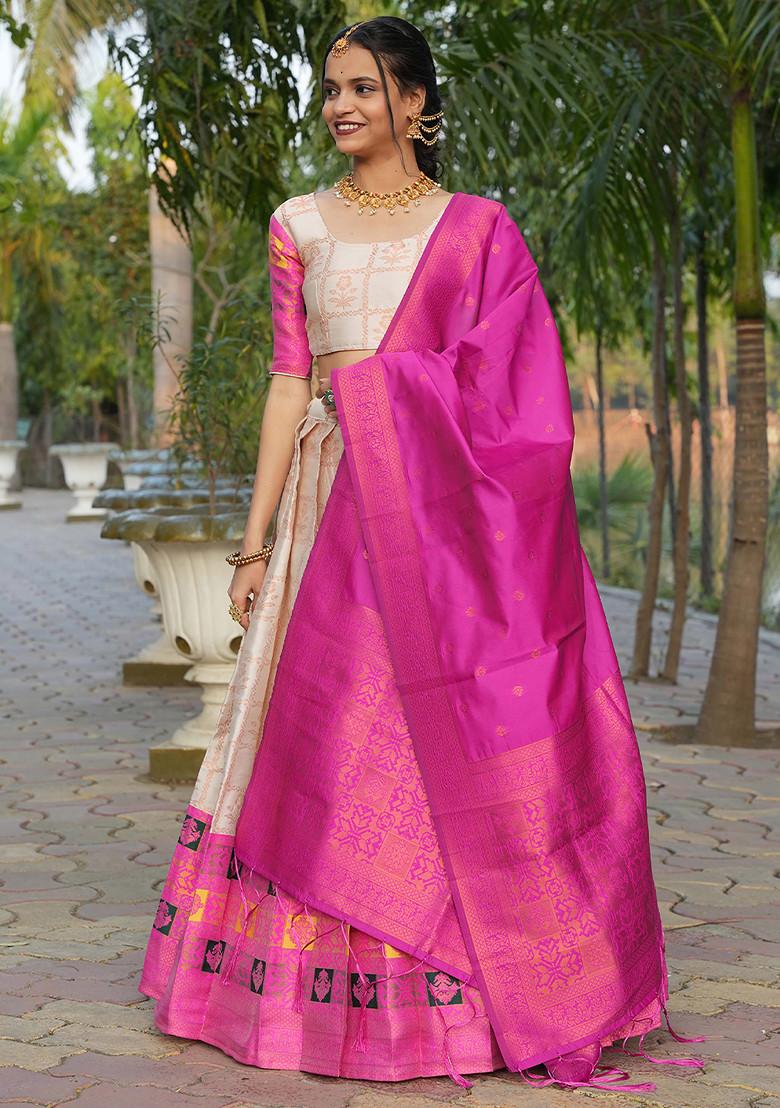 Cream Zari Embroidered Woven Design Silk Lehenga Set - Indya