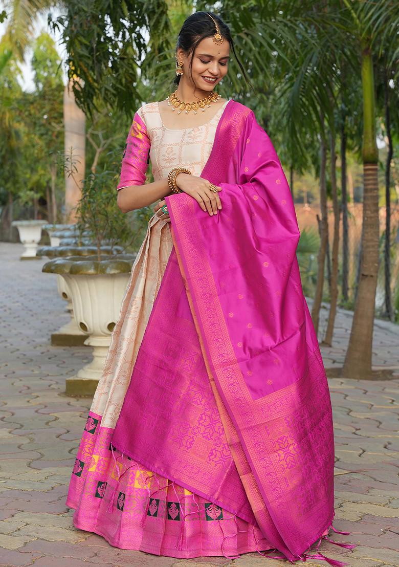 Cream Zari Embroidered Woven Design Silk Lehenga Set - Indya