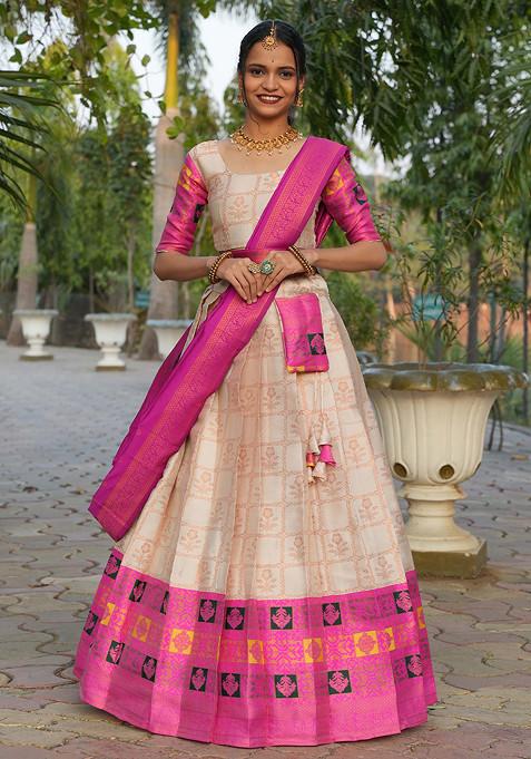 Cream Zari Embroidered Woven Design Silk Lehenga Set